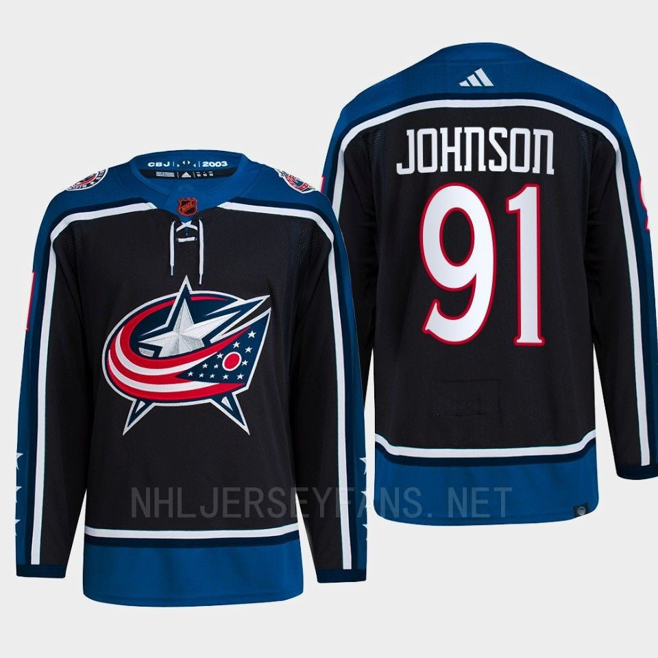 Kent Johnson 91 Reverse Retro 2.0 2022 Columbus Blue Jackets Navy Jersey Primegreen