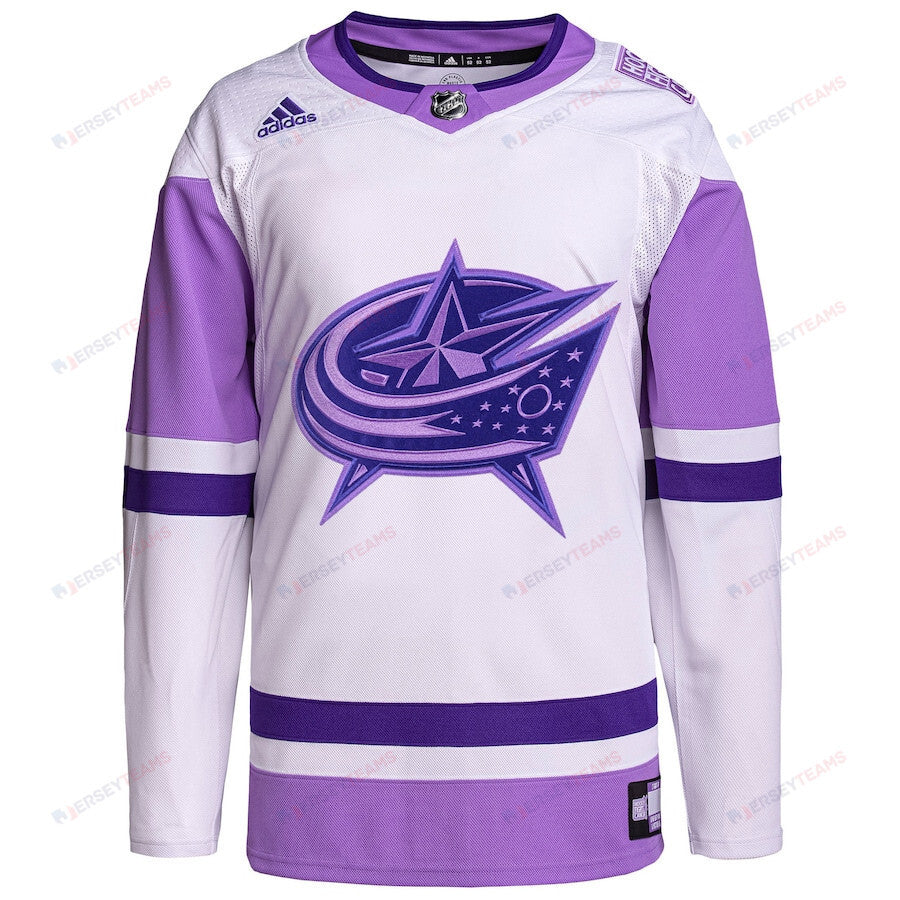 Columbus Blue Jackets Hockey Fights Cancer Primegreen Custom Men Jersey - White/Purple