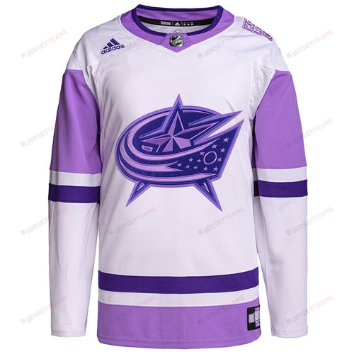 Columbus Blue Jackets Hockey Fights Cancer Primegreen Custom Men Jersey - White/Purple