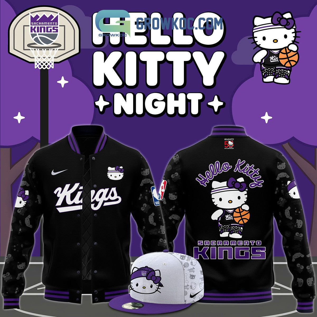 Los Angeles Kings Happy Hello Kitty Anniversary 50th 2024 Baseball Jacket - All Over Printed - Black - All-Over-Printed Jacket