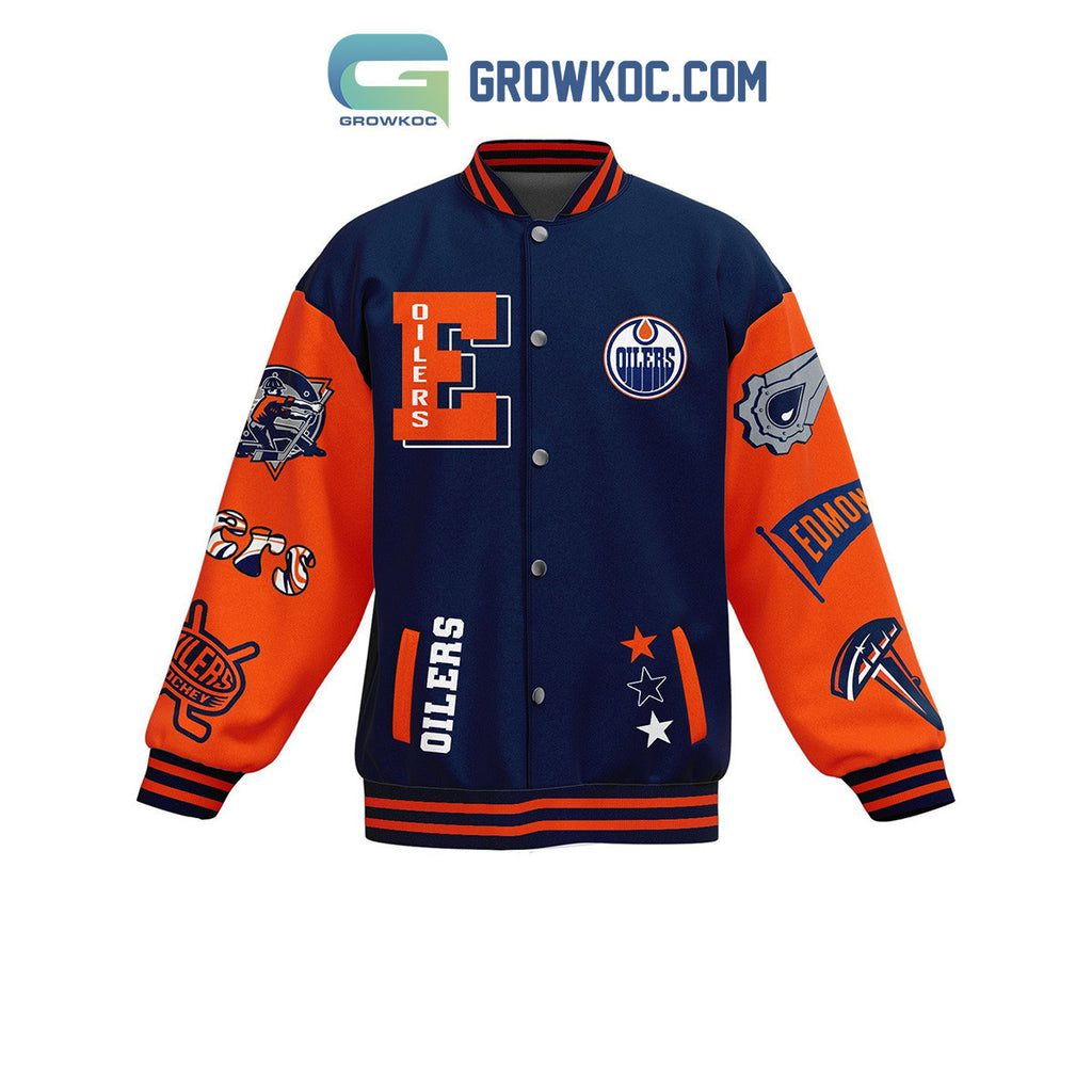 Edmonton Oilers Orange Crush Baseball Jacket - All Over Printed - Navy - All-Over-Printed Jacket