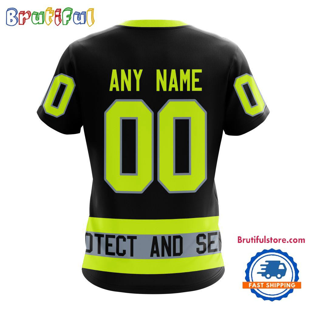 Columbus Blue Jackets Specialized FireFighter Uniforms Color Design Custom Name Number All Over Printed T-shirt - Black
