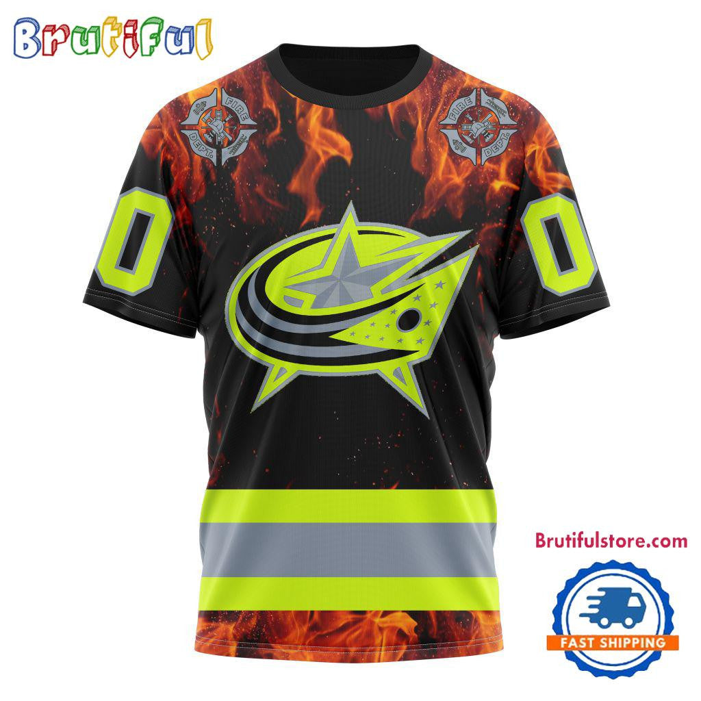 Columbus Blue Jackets Special Honoring Firefighters Custom Name Number All Over Printed T-shirt - Black