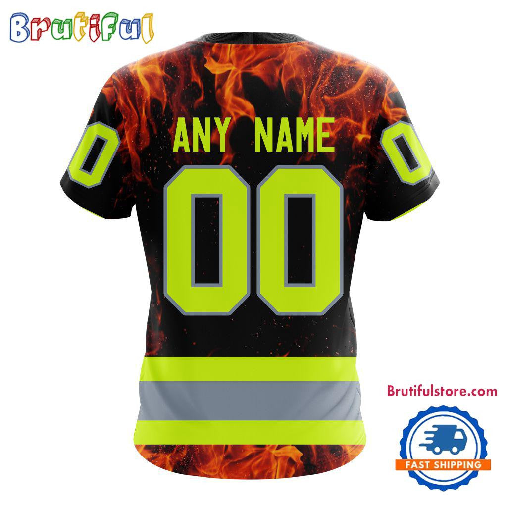 Columbus Blue Jackets Special Honoring Firefighters Custom Name Number All Over Printed T-shirt - Black
