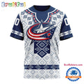 Columbus Blue Jackets Hockey Team Native Heritage Design Custom Name Number All Over Printed T-shirt - White