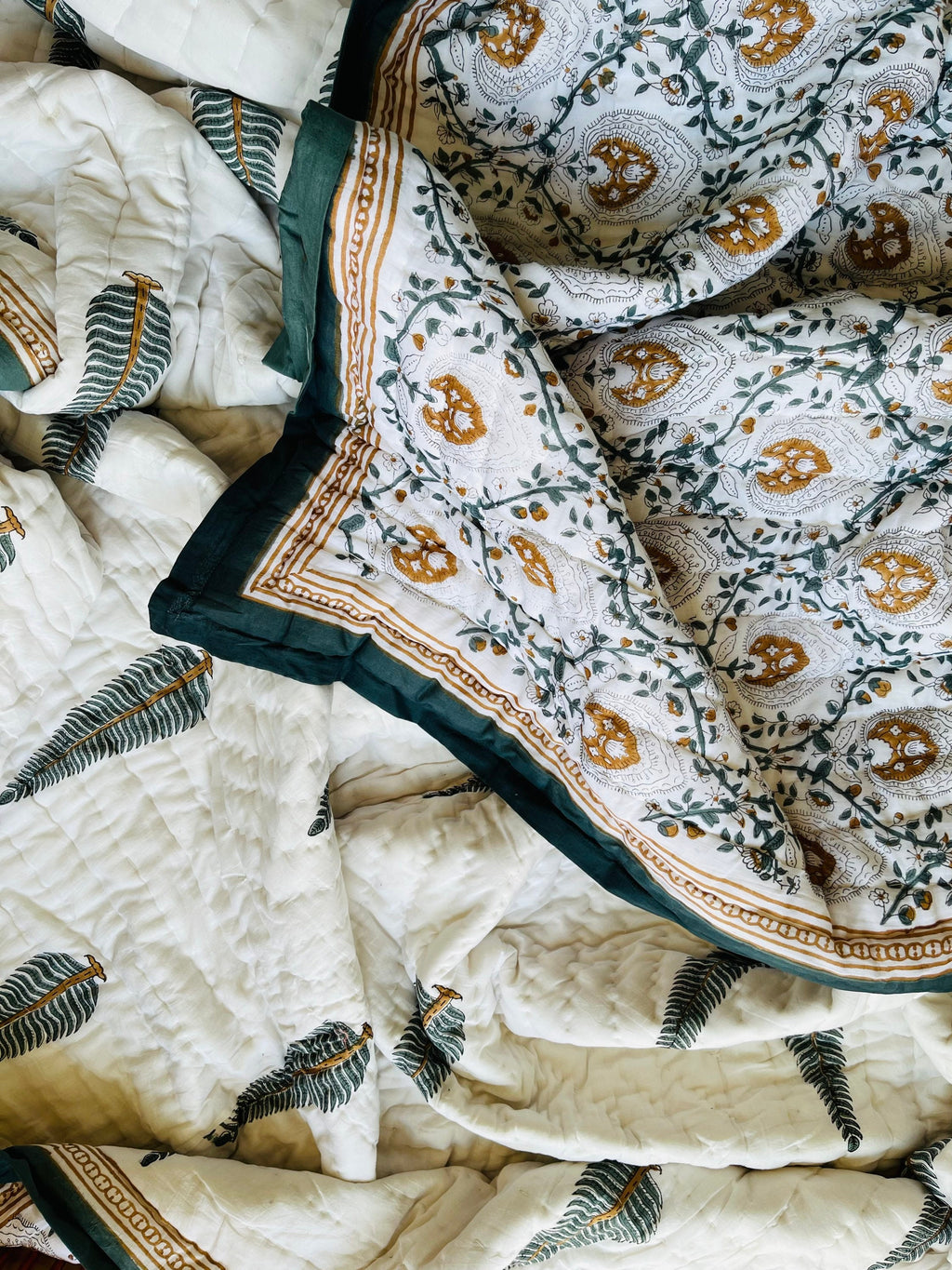 Hand Block Printed Cotton Quilt: Reversible Floral Razai Blanket