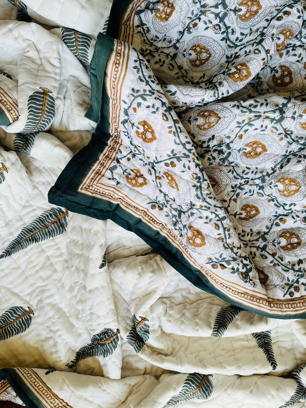 Hand Block Printed Cotton Quilt: Reversible Floral Razai Blanket