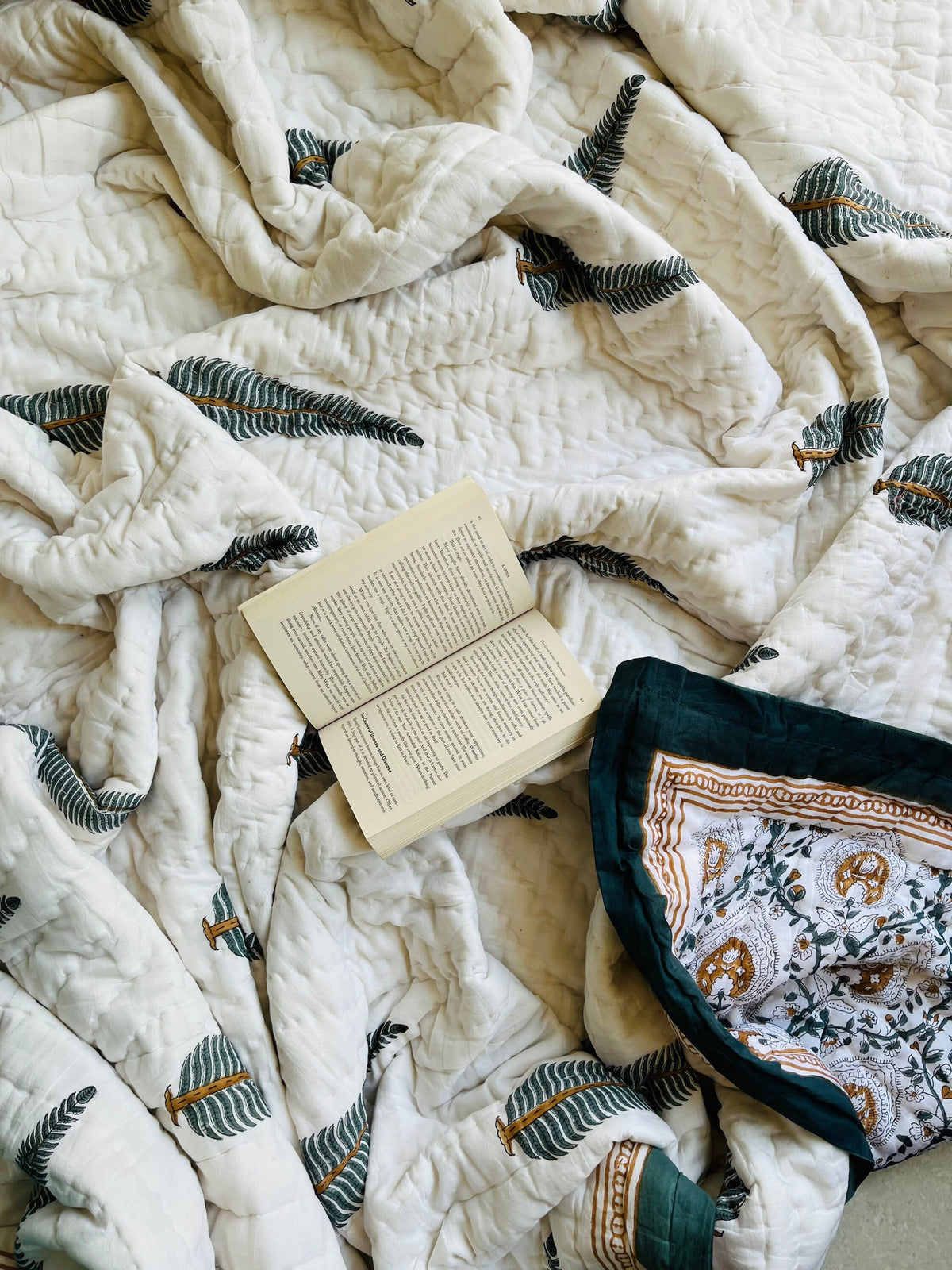 Hand Block Printed Cotton Quilt: Reversible Floral Razai Blanket