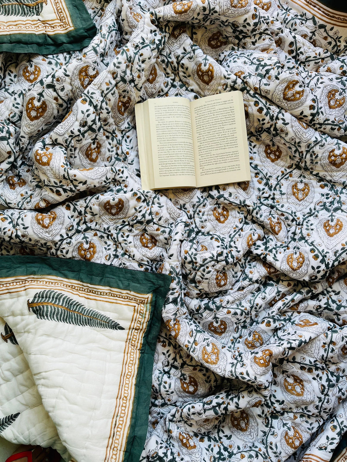 Hand Block Printed Cotton Quilt: Reversible Floral Razai Blanket