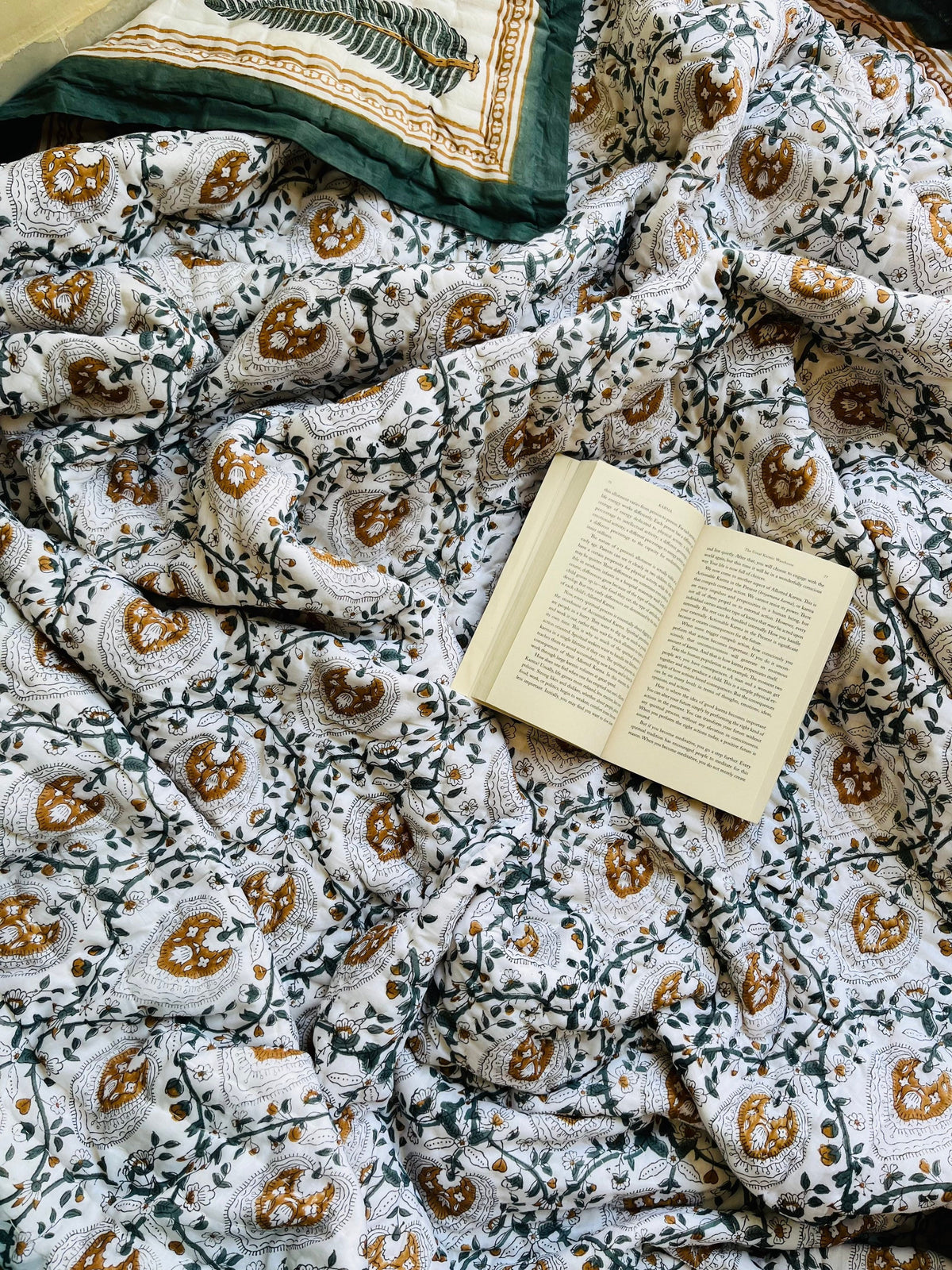 Hand Block Printed Cotton Quilt: Reversible Floral Razai Blanket