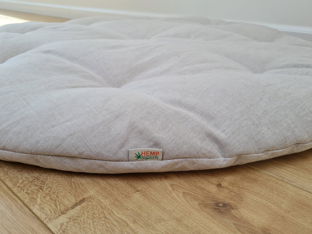 Hemp Linen 1" (2.5 cm) thick Round Play Mat Filled HEMP Fiber in non-dyed linen fabric play Mat Activity Tummy time mat