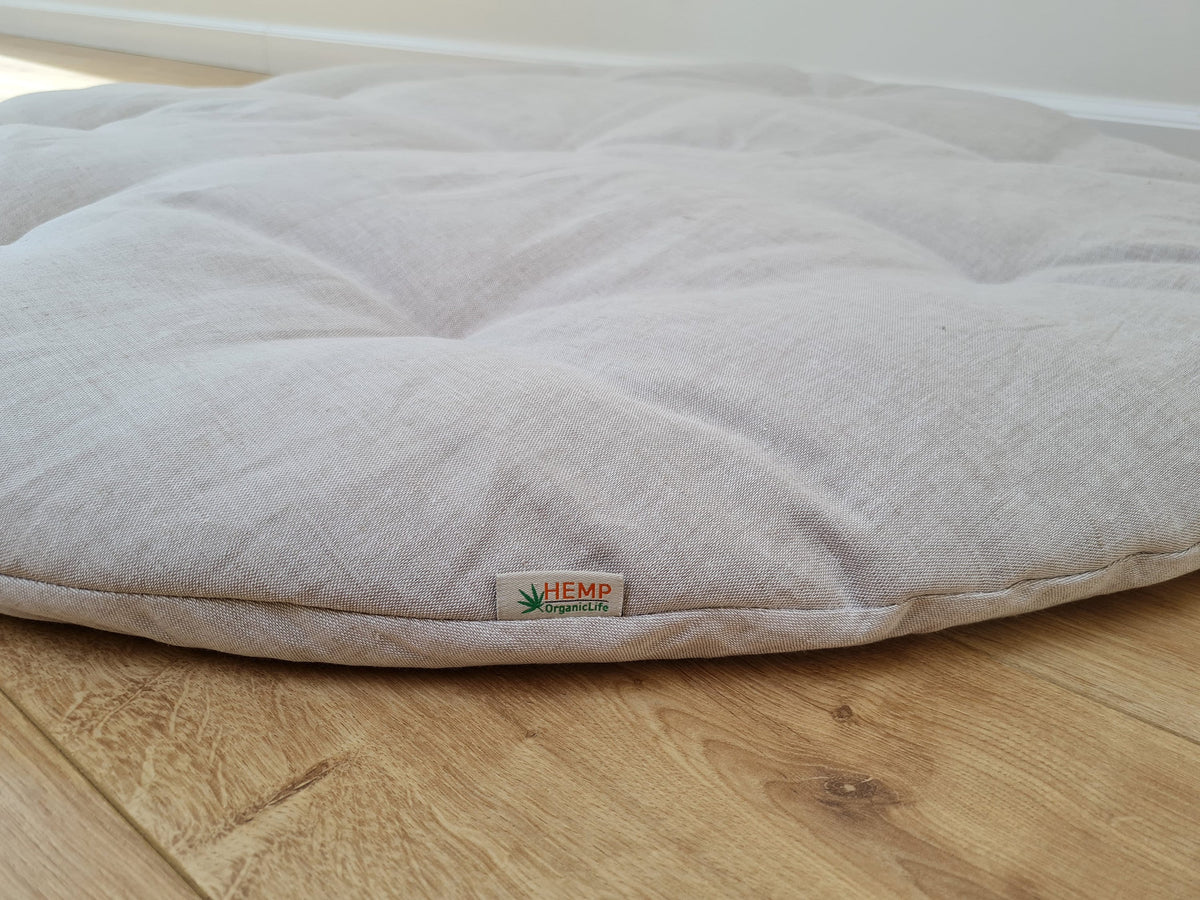 Hemp Linen 1" (2.5 cm) thick Round Play Mat Filled HEMP Fiber in non-dyed linen fabric play Mat Activity Tummy time mat