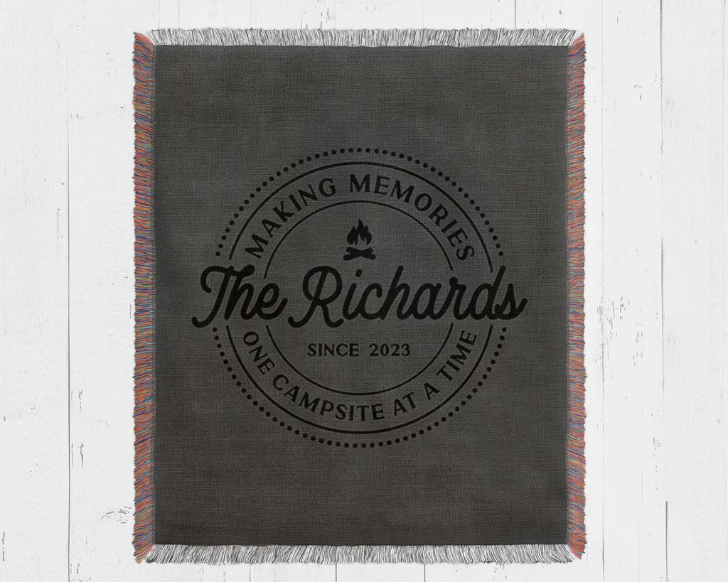 Custom Camping Woven Blanket: Personalized Family RV Camper Throw, RV Travel Trailer Decor, Gift for Outdoorsy Adventures Couple