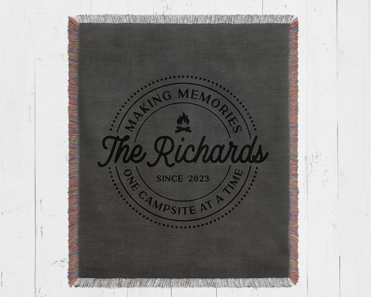 Custom Camping Woven Blanket: Personalized Family RV Camper Throw, RV Travel Trailer Decor, Gift for Outdoorsy Adventures Couple