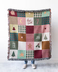 Christmas Blanket: Granny Square Patchwork Quilt Style, Cute Gingerbread Woven Throw, Winter Decoration, Pink & Green, Santa Hat Tree, Plaid