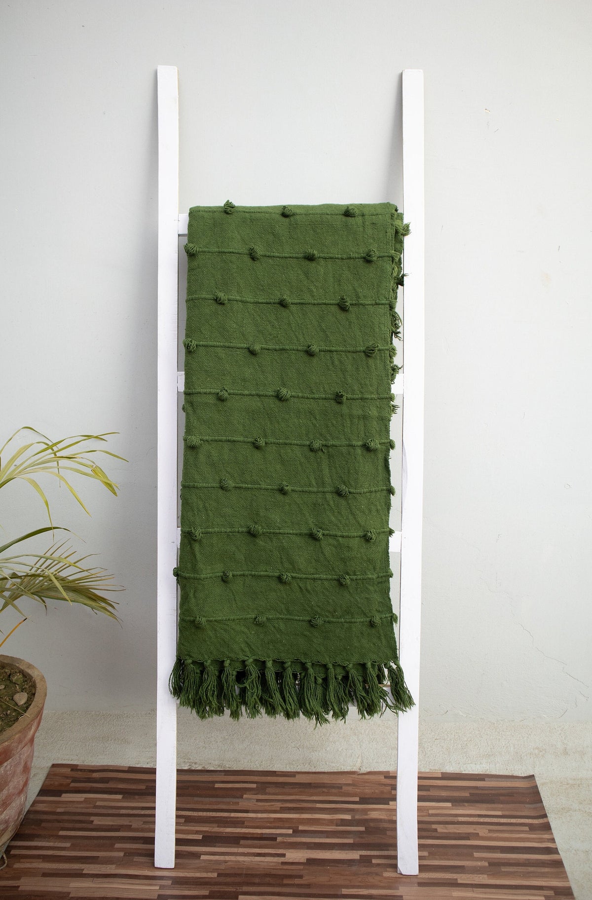 Handloom Cotton Deep Green Cotton Throw Blanket Chunky Loops, 52x72 Inch