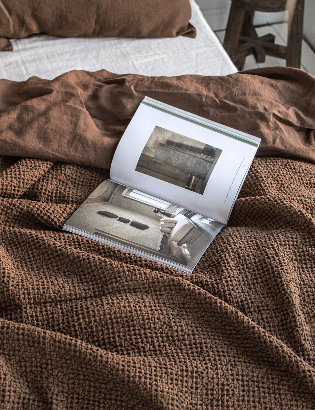 Waffle Blanket in Walnut. Extra Soft Waffle Throw Blanket. Linen-Cotton Waffle Bed Cover. Dark Brown Rustic Waffle Coverlet