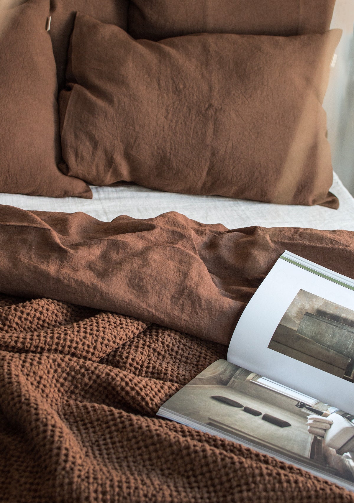 Waffle Blanket in Walnut. Extra Soft Waffle Throw Blanket. Linen-Cotton Waffle Bed Cover. Dark Brown Rustic Waffle Coverlet