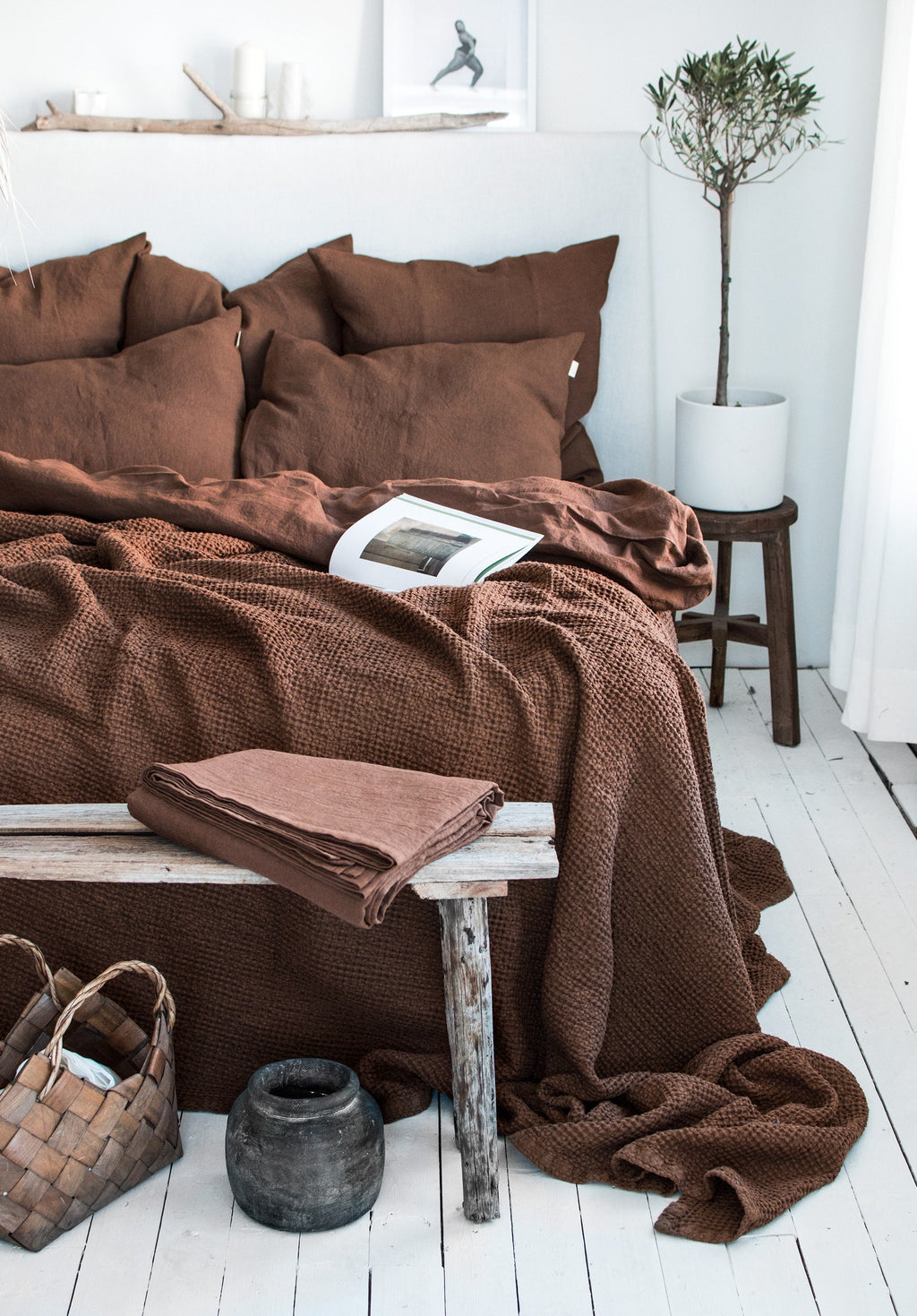 Waffle Blanket in Walnut. Extra Soft Waffle Throw Blanket. Linen-Cotton Waffle Bed Cover. Dark Brown Rustic Waffle Coverlet