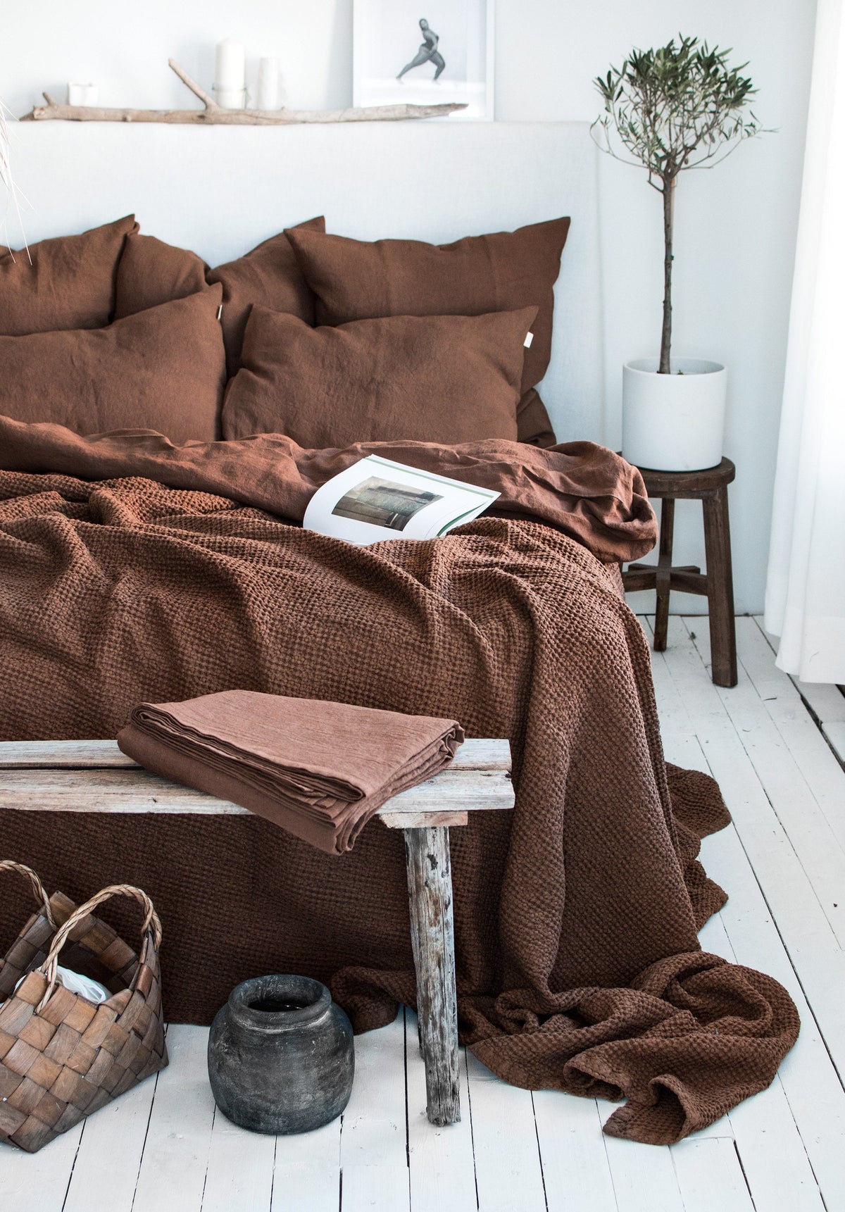 Waffle Blanket in Walnut. Extra Soft Waffle Throw Blanket. Linen-Cotton Waffle Bed Cover. Dark Brown Rustic Waffle Coverlet