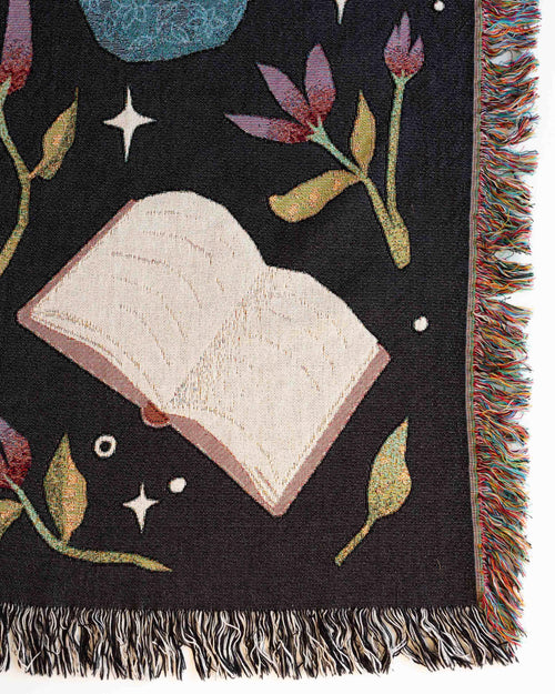 Books and Blooms Blanket: Personalized Gift for Fantasy Reader, Woven Gift for Her, Cozy Dark Academia