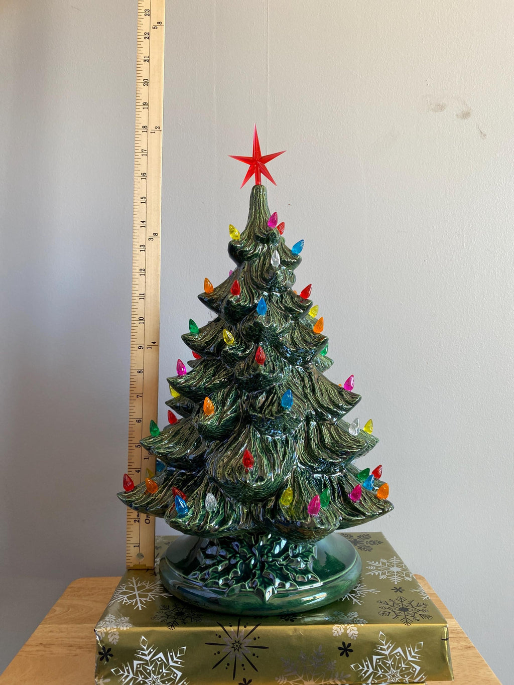 19 inch Ceramic Christmas Tree lighted: Green with Multi-Colored Lights, Handmade in the USA (T1)