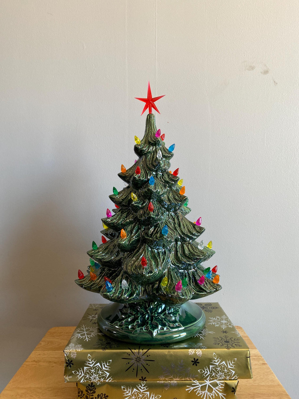 19 inch Ceramic Christmas Tree lighted: Green with Multi-Colored Lights, Handmade in the USA (T1)