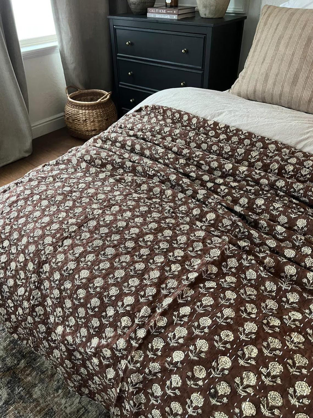 Handmade Brown Floral Kantha Quilt - Indian Cotton Bedspread Throw