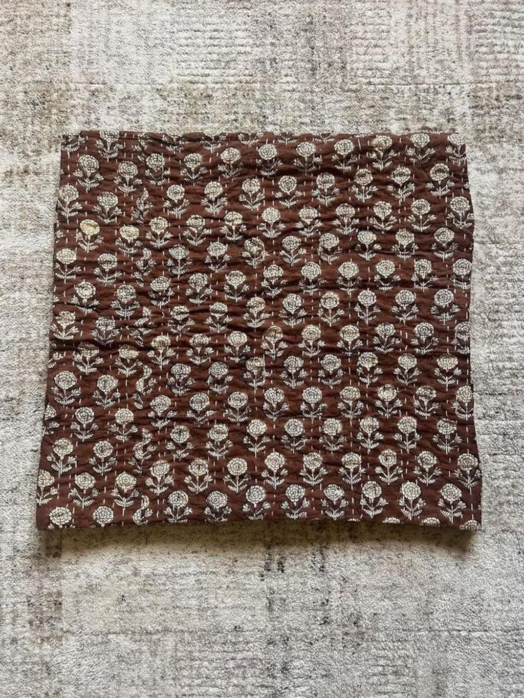 Handmade Brown Floral Kantha Quilt - Indian Cotton Bedspread Throw