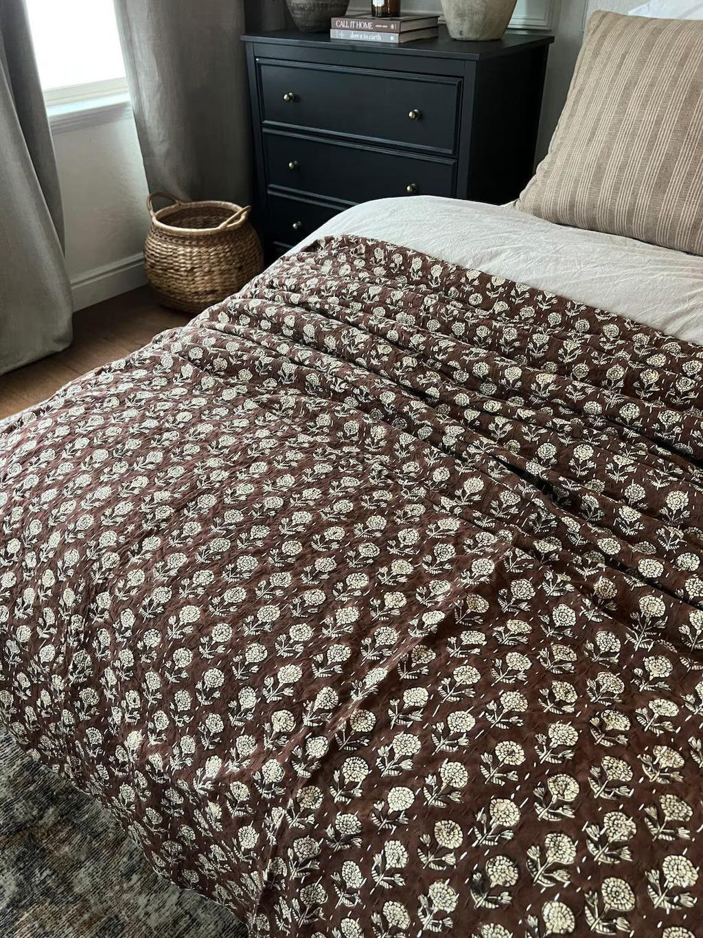 Handmade Brown Floral Kantha Quilt - Indian Cotton Bedspread Throw