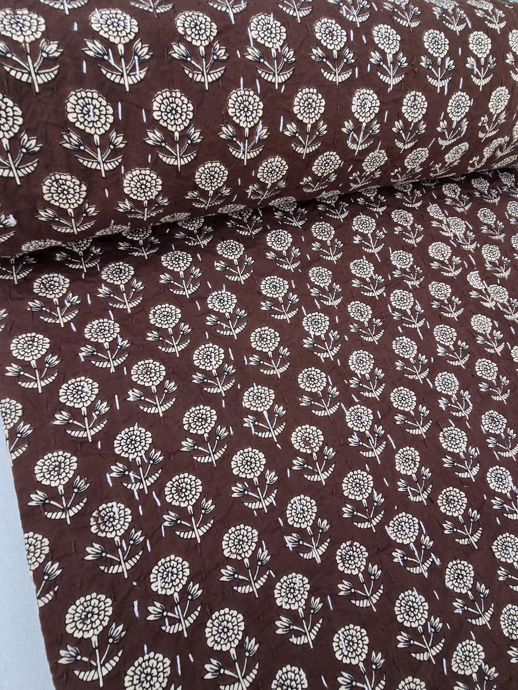 Handmade Brown Floral Kantha Quilt - Indian Cotton Bedspread Throw