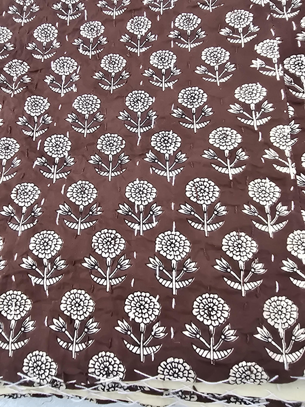 Handmade Brown Floral Kantha Quilt - Indian Cotton Bedspread Throw