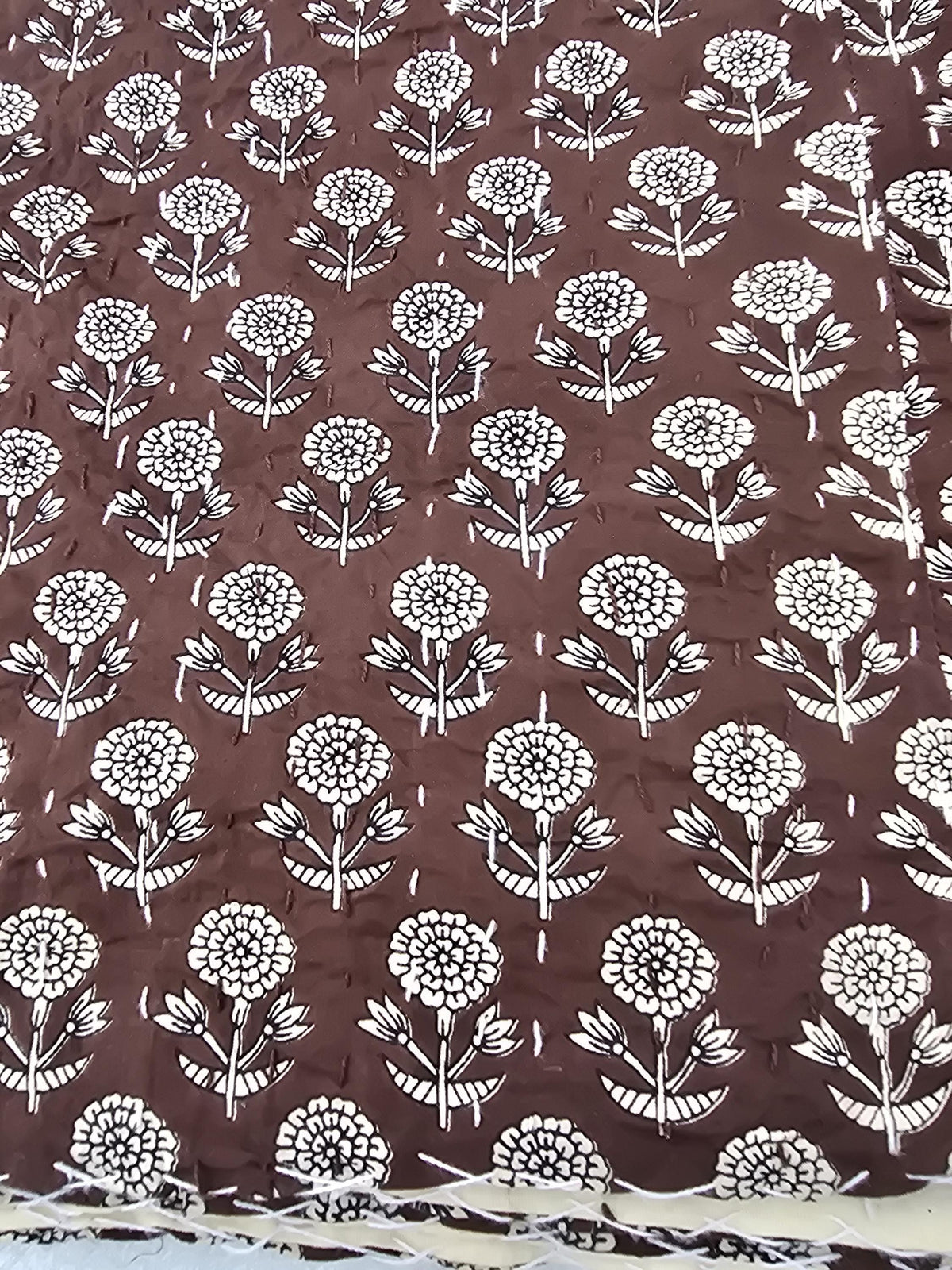 Handmade Brown Floral Kantha Quilt - Indian Cotton Bedspread Throw