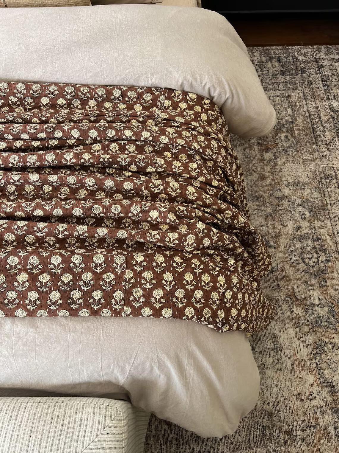 Handmade Brown Floral Kantha Quilt - Indian Cotton Bedspread Throw