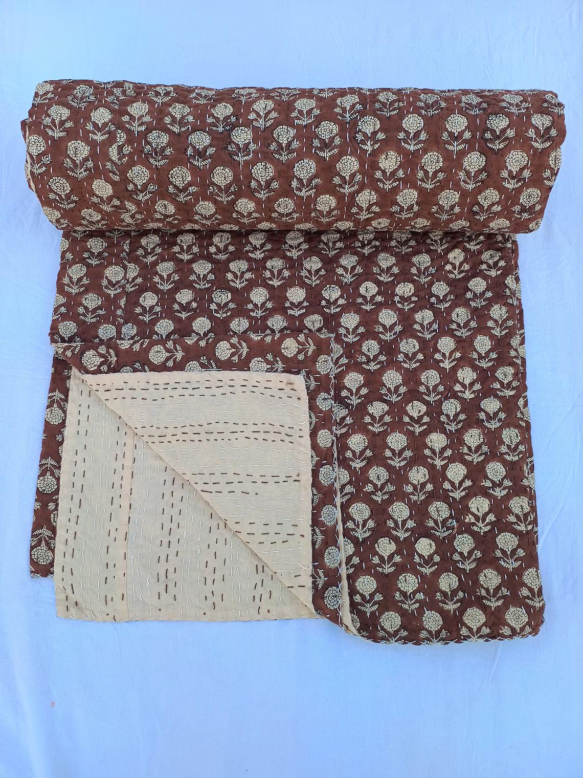 Handmade Brown Floral Kantha Quilt - Indian Cotton Bedspread Throw