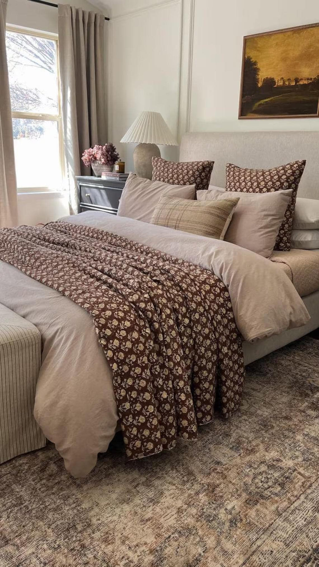 Handmade Brown Floral Kantha Quilt - Indian Cotton Bedspread Throw