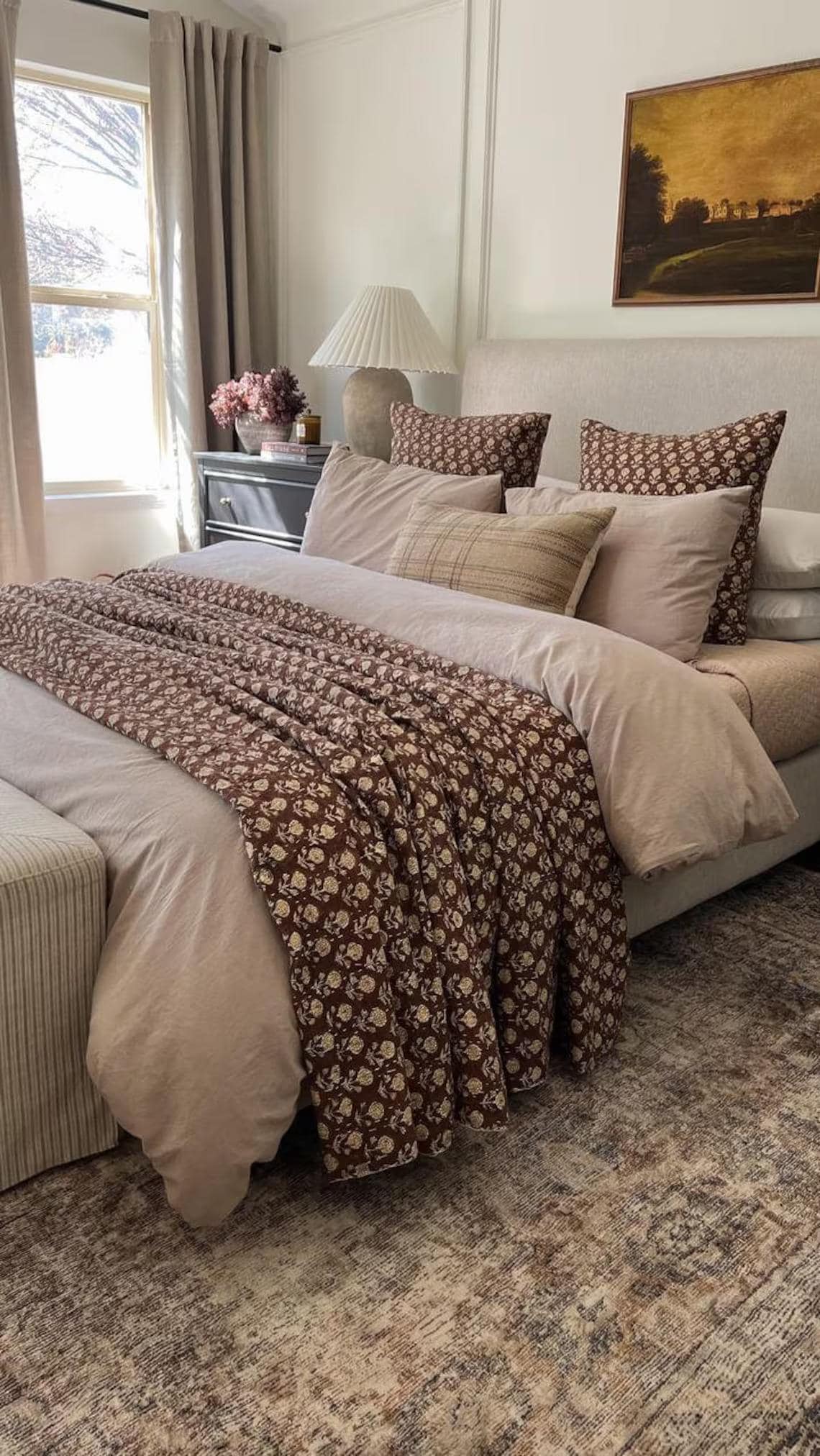 Handmade Brown Floral Kantha Quilt - Indian Cotton Bedspread Throw