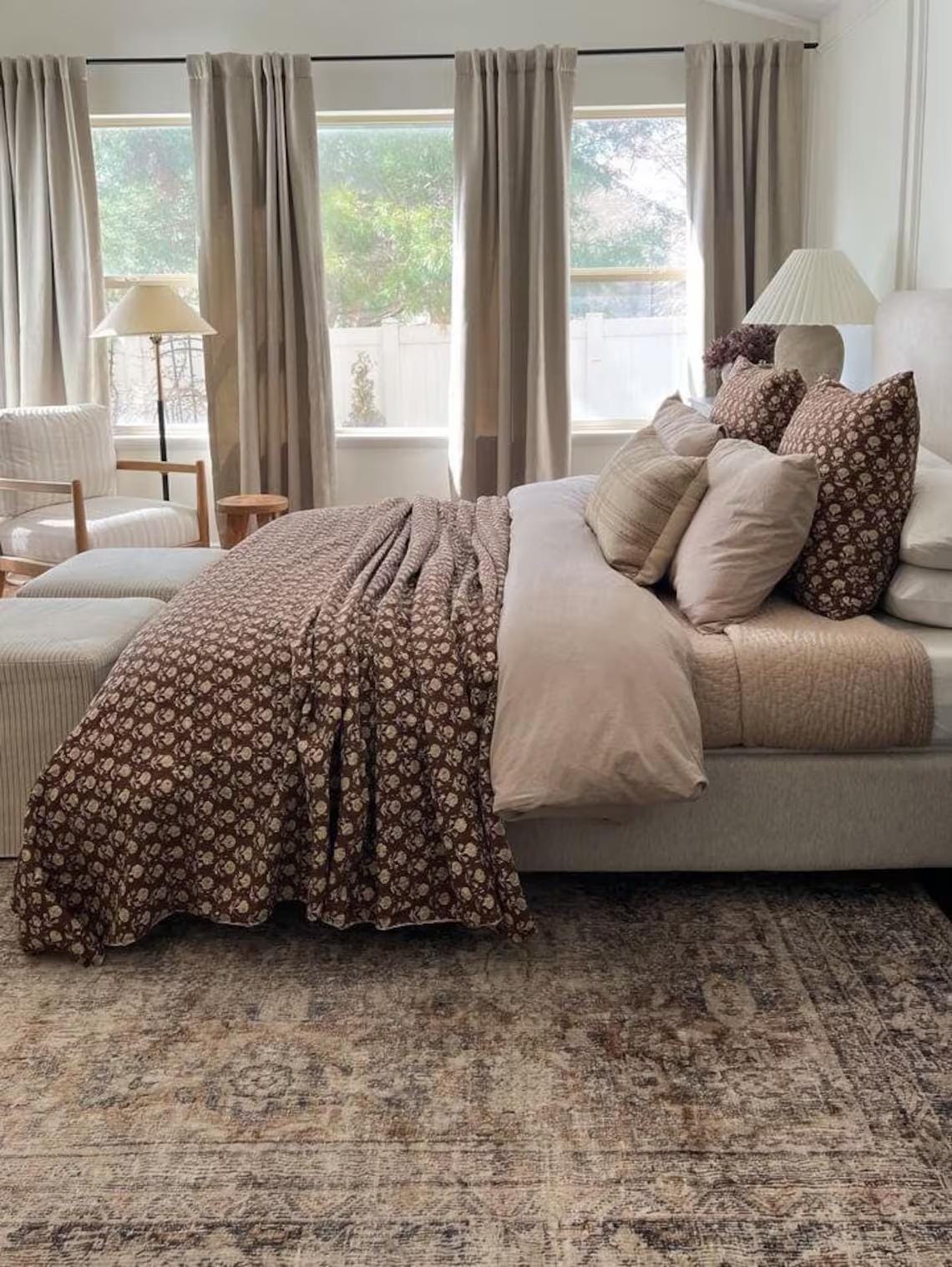 Handmade Brown Floral Kantha Quilt - Indian Cotton Bedspread Throw