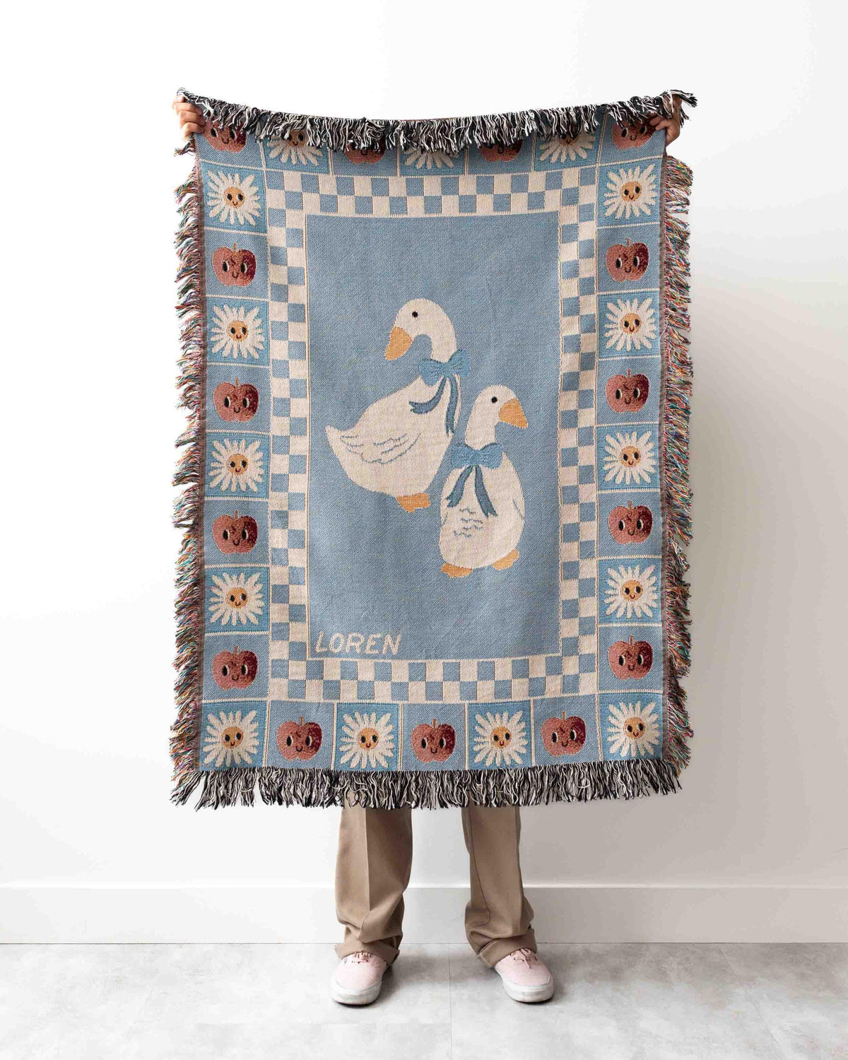 Cute Goose Blanket: Baby Blue Checker Decor, Kawaii Animal Gift, Pastel Farmhouse Country, Cottagecore Kid Bedding, Boy Girl Eclectic Unique