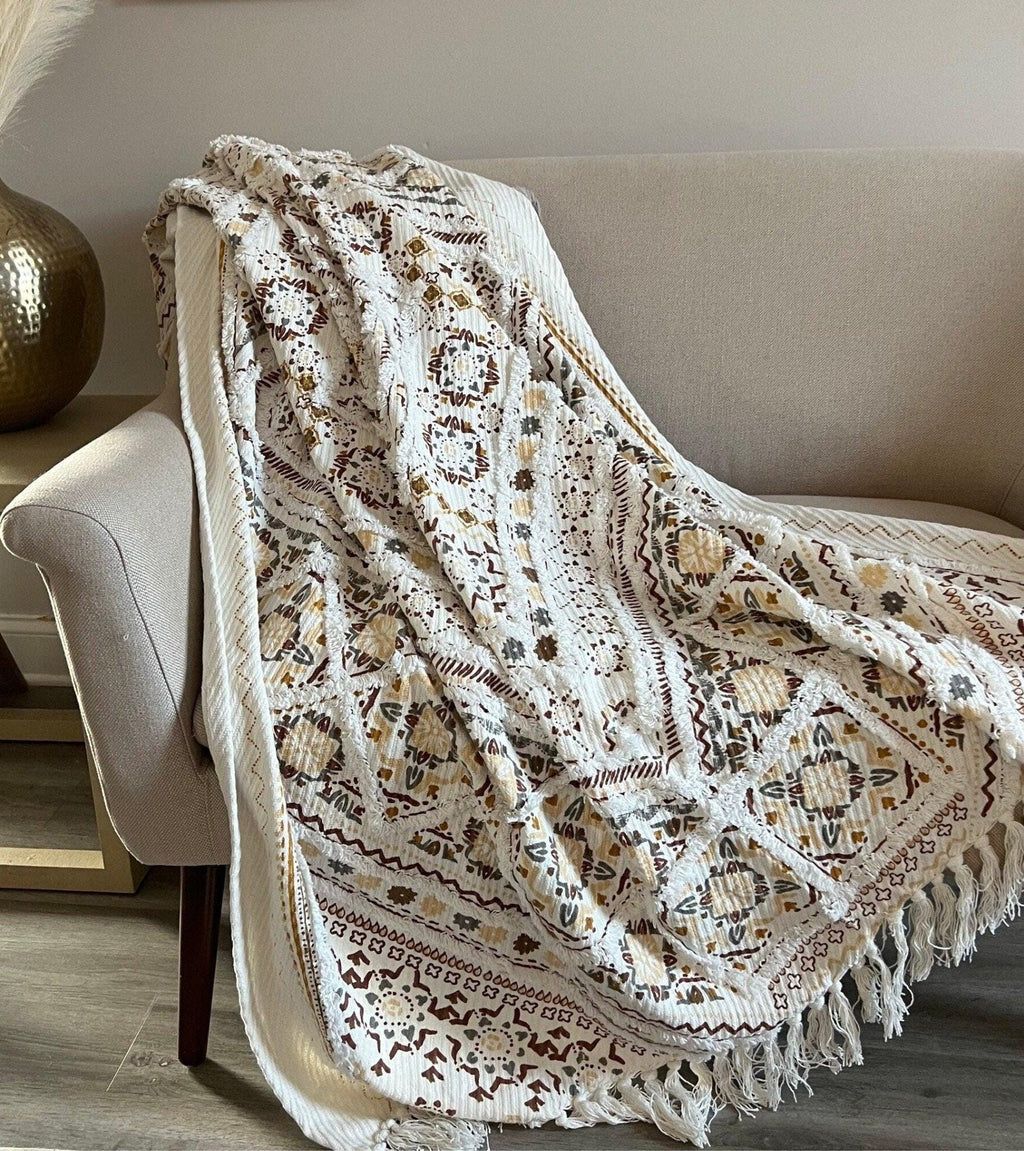 Handwoven Cotton Boho Throw Blanket with Tassels for Home Decor