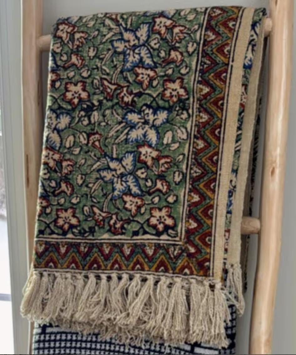 Moss Green Handmade  Floral Throw Blanket, Boho Farmhouse Home Decor