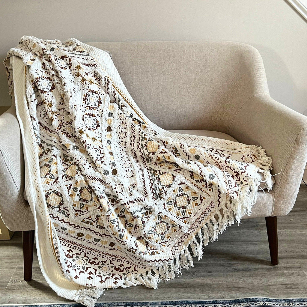 Handwoven Cotton Boho Throw Blanket with Tassels for Home Decor