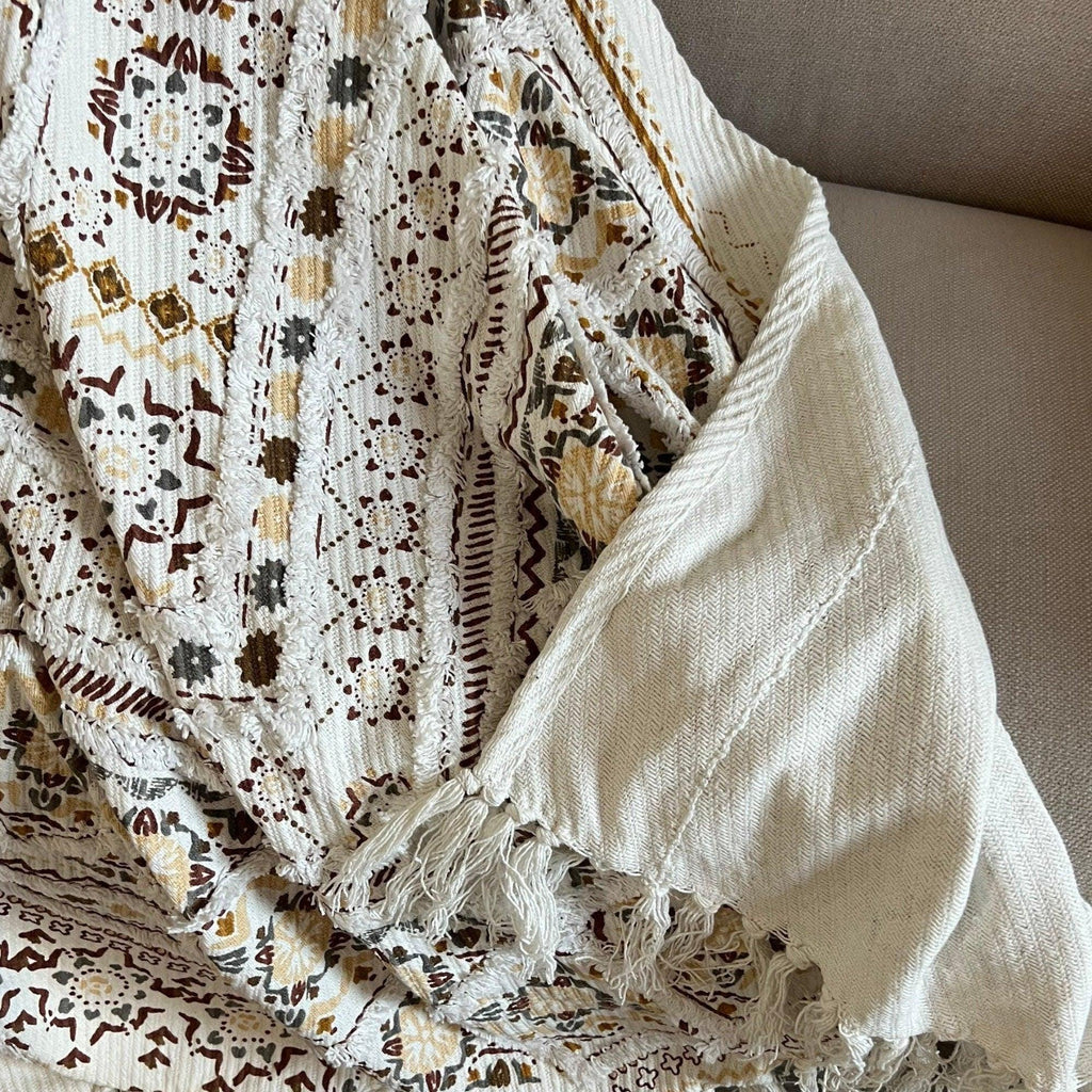 Handwoven Cotton Boho Throw Blanket with Tassels for Home Decor