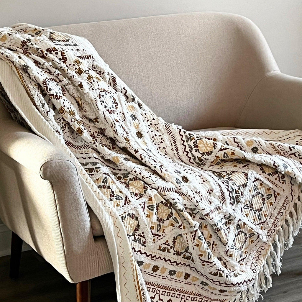 Handwoven Cotton Boho Throw Blanket with Tassels for Home Decor