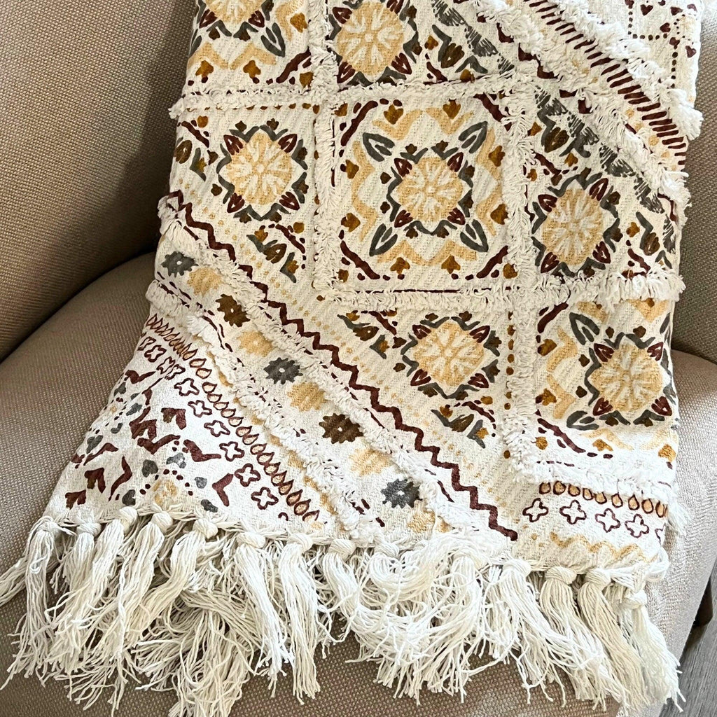 Handwoven Cotton Boho Throw Blanket with Tassels for Home Decor