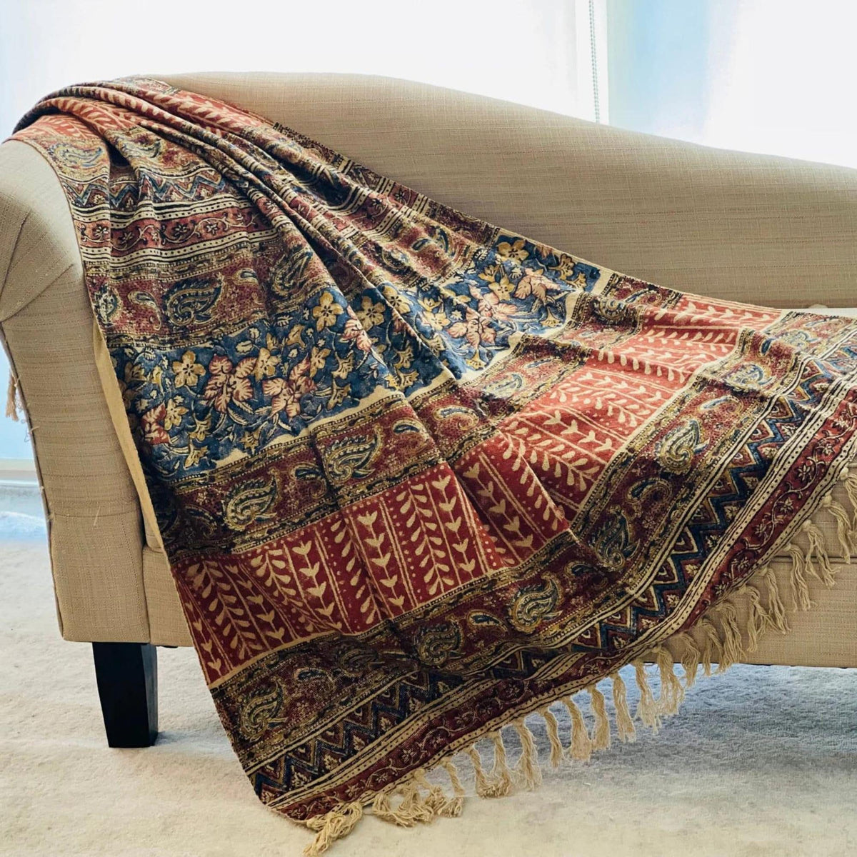 Moss Green Handmade  Floral Throw Blanket, Boho Farmhouse Home Decor