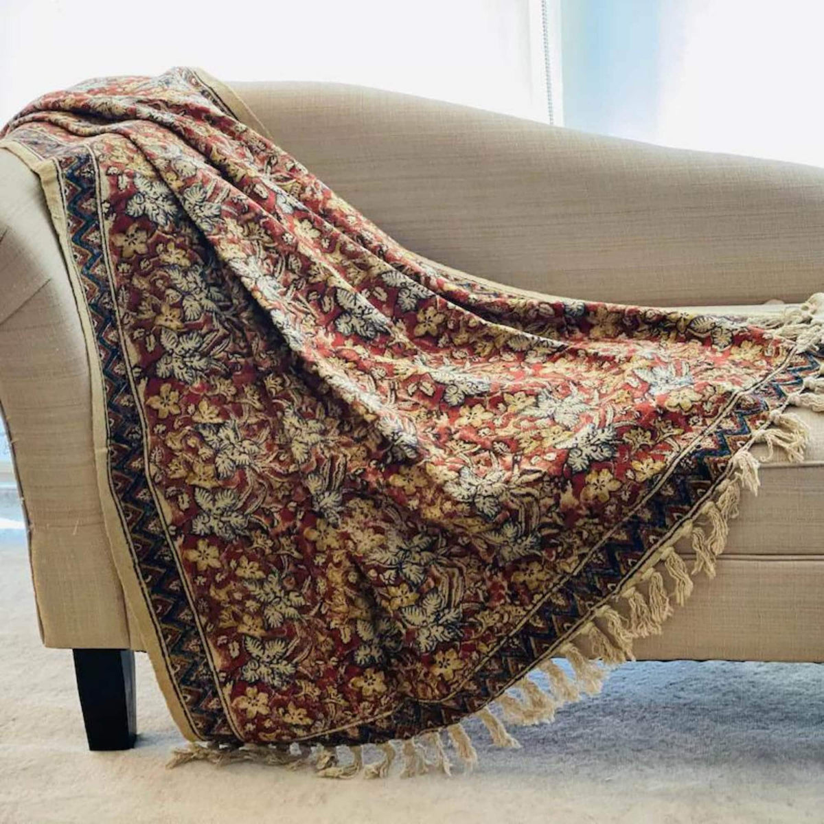 Moss Green Handmade  Floral Throw Blanket, Boho Farmhouse Home Decor