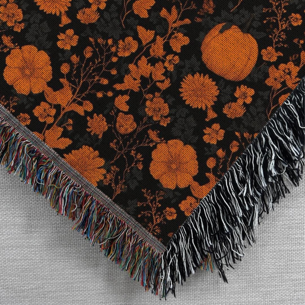 Fall Floral Throw Blanket, Autumn Leaves Woven Blanket, Retro Halloween Decor, Cozy Couch or Reading Nook Blanket, Goth Nursery Baby Blanket