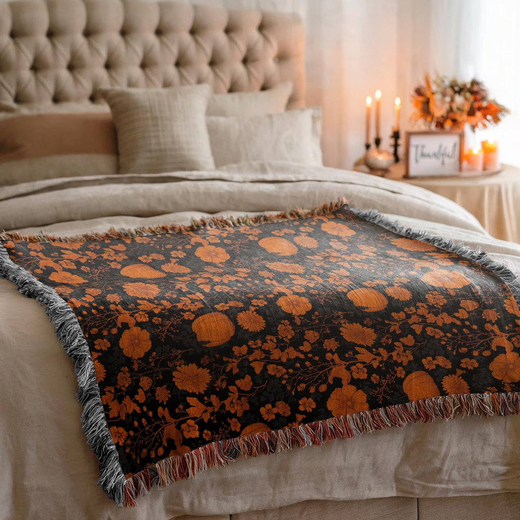 Fall Floral Throw Blanket, Autumn Leaves Woven Blanket, Retro Halloween Decor, Cozy Couch or Reading Nook Blanket, Goth Nursery Baby Blanket