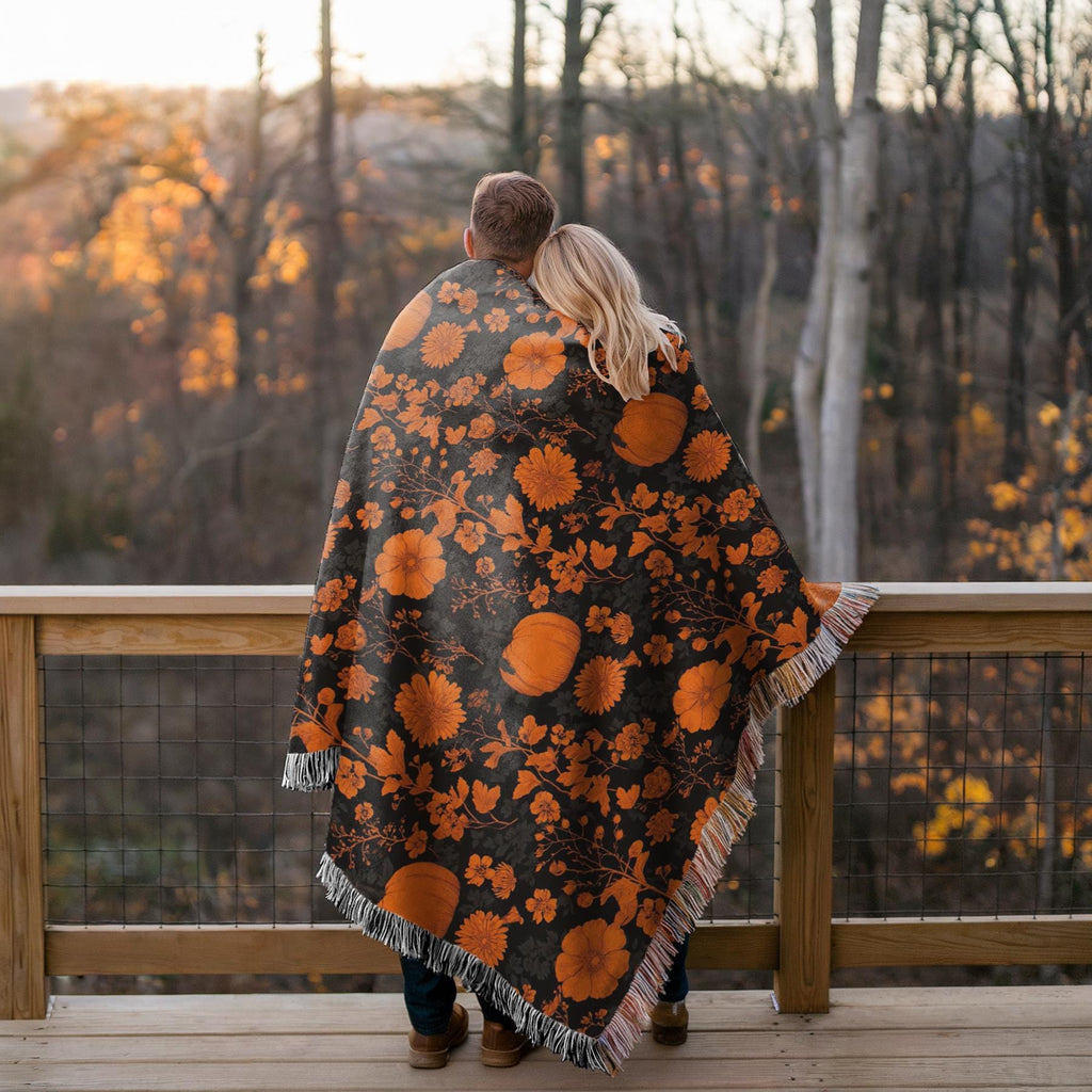 Fall Floral Throw Blanket, Autumn Leaves Woven Blanket, Retro Halloween Decor, Cozy Couch or Reading Nook Blanket, Goth Nursery Baby Blanket